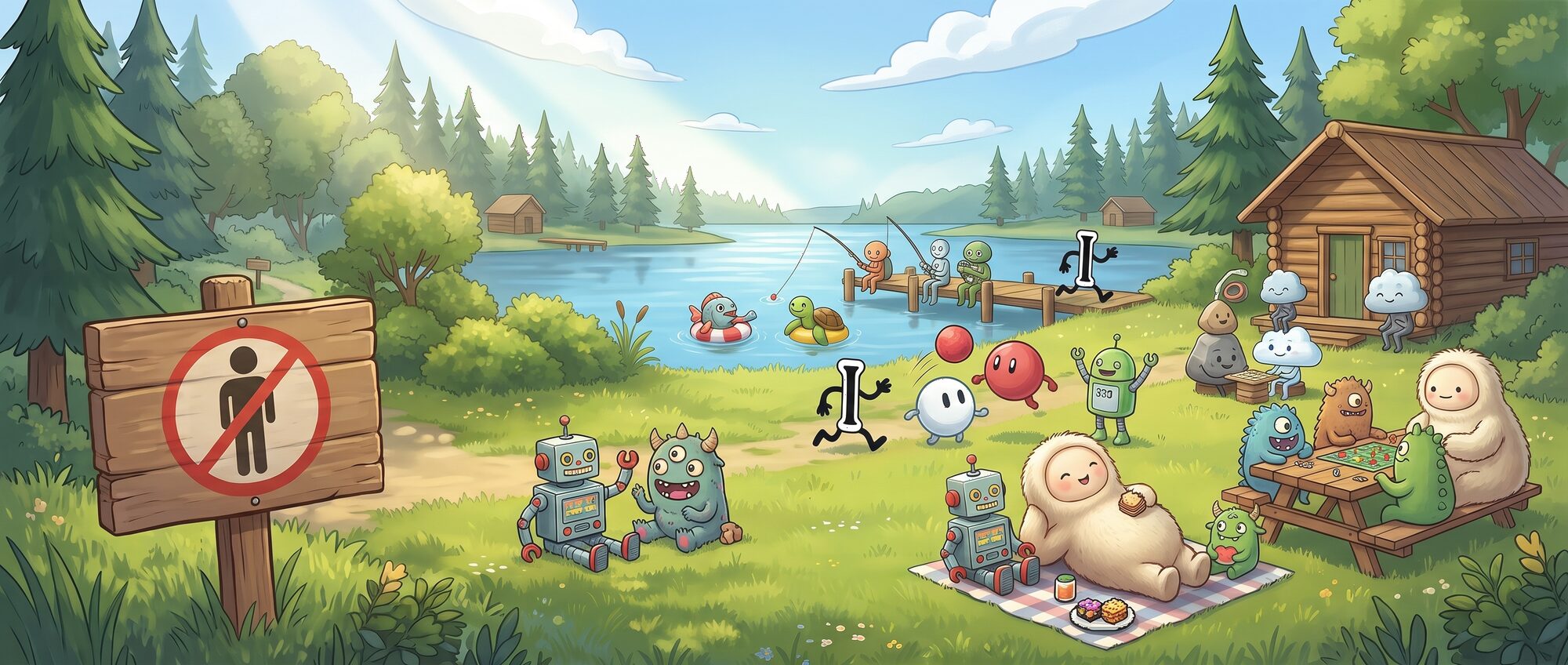 Cartoon robots and friendly creatures relaxing at a lakeside summer camp behind a wooden no-humans sign: fishing off the dock, floating in the lake, tossing a ball, playing a board game at a picnic table by the cabin, and snacking on a picnic blanket.